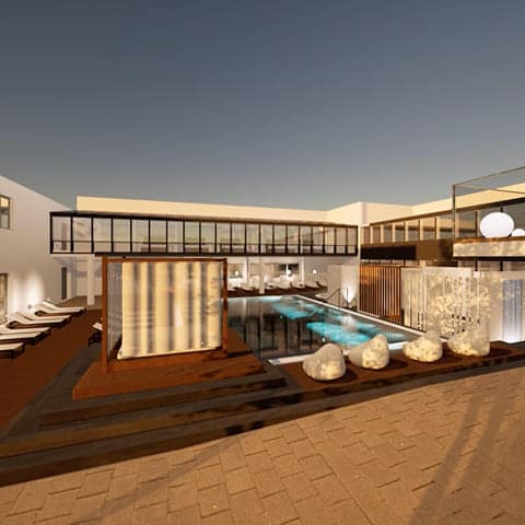 3D-Simulation der neuen Terrasse mit Pool und Outdoor-Lounge. Neugestaltung der Saunawelt Phönix-Bad Ottobrunn © wellverde concept GmbH