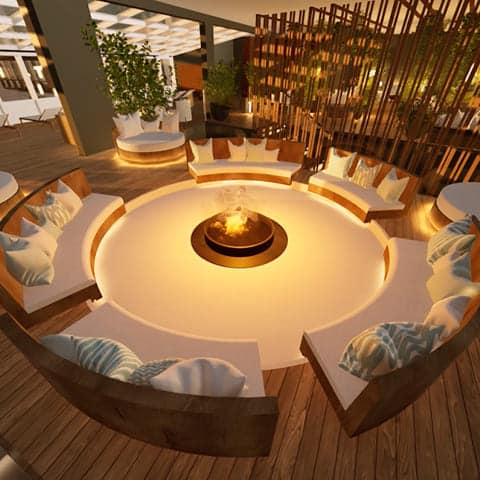 3D-Simulation der neuen Feuer-Lounge Neugestaltung der Saunawelt Phönix-Bad Ottobrunn © wellverde concept GmbH