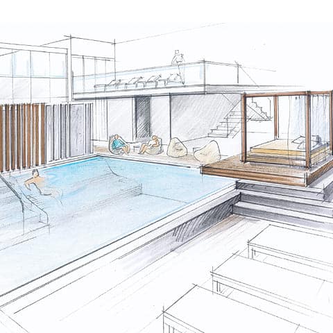 neuer Sauna-Außenpool mit Whirlliegen (Architektur-Zeichnung, © wellverde concept GmbH)