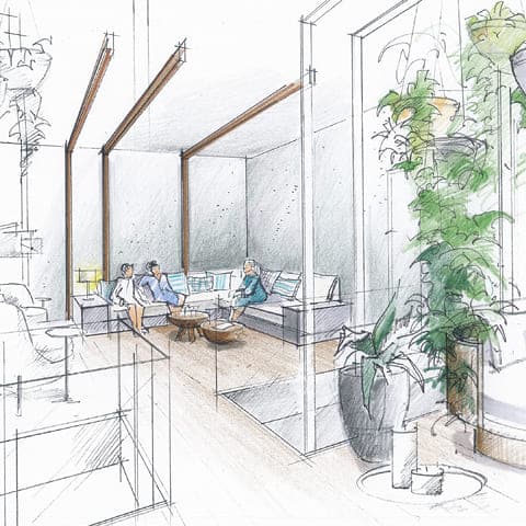 Blick in die Baumwipfel-Lounge (Architektur-Zeichnung, © wellverde concept GmbH)