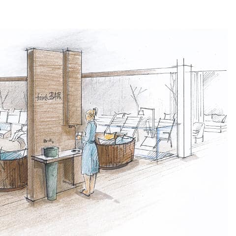 Sauna-Besucherin an der Trinkbar (Architektur-Zeichnung, © wellverde concept GmbH)