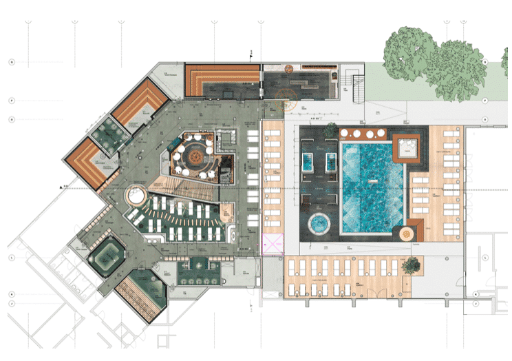 Architekturplan für den Umbau der Saunawelt: Übersicht über das Obergeschoss und die Terrasse mit Außenbecken